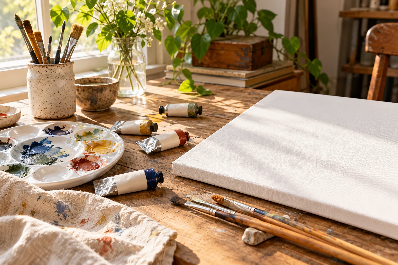 Paints, a palette and canvas on an artist's worktable